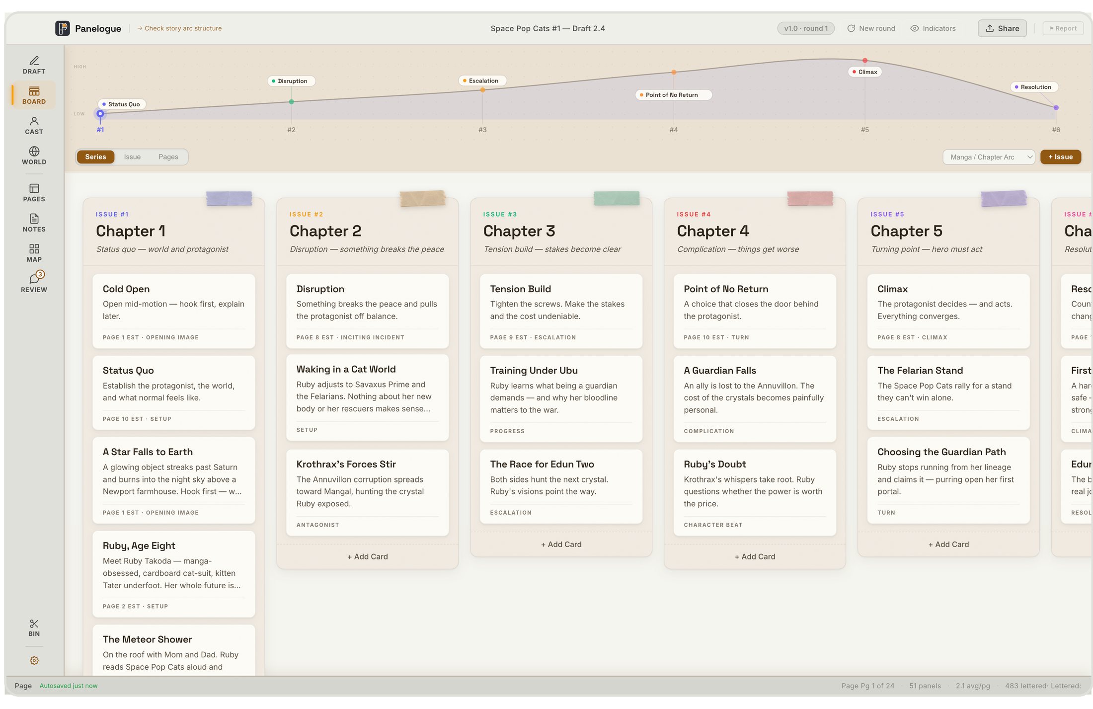 Panelogue Story Board with beat cards organized into production-stage columns